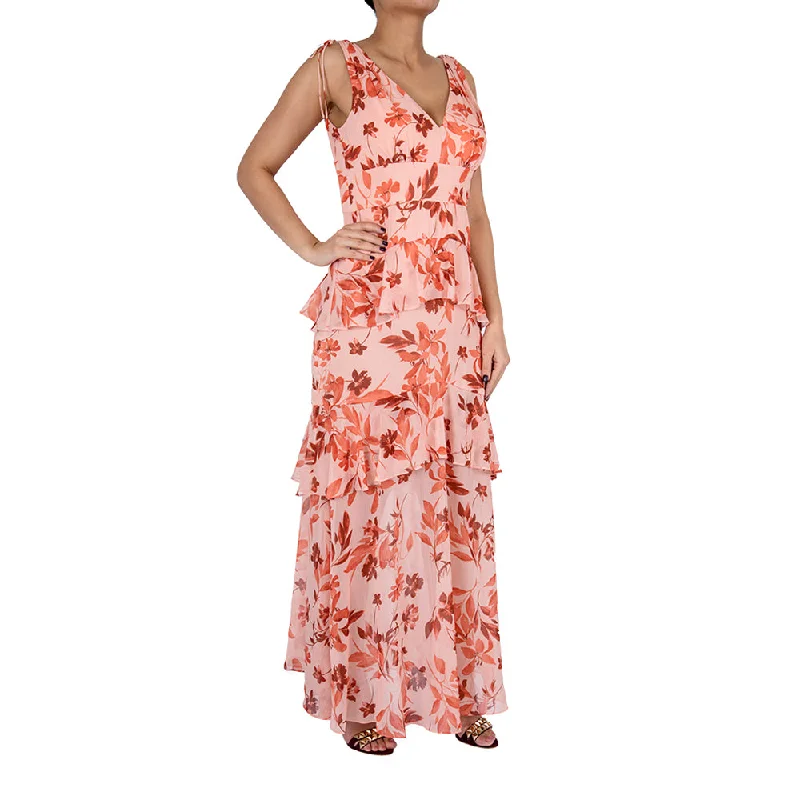 Ml By Monique Lhuillier Floral Chiffon Tiered Maxi Dress In Sienna Foliage