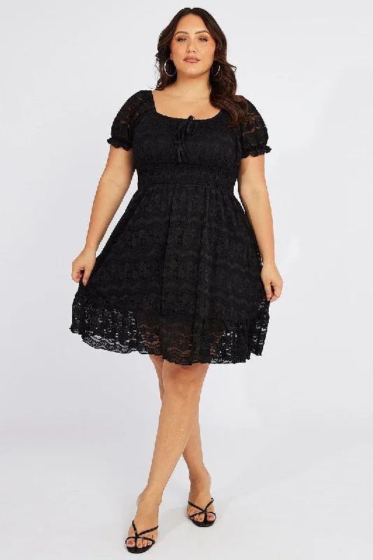 Black Fit And Flare Dress Short Sleeve Lace