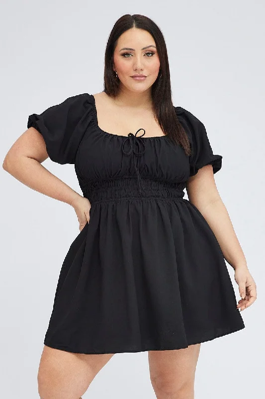 Black Fit And Flare Dress Short Sleeve Shirred