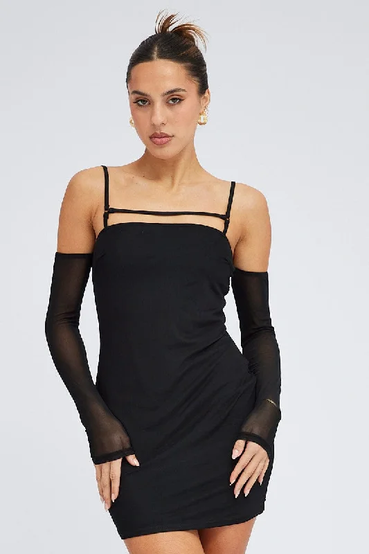 Black Mini Dress Long Sleeve Cold Shoulder Bodycon Mesh