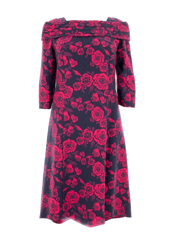 Cassandra Sinels Jacquard Rose Fit and Flare Dress, Navy and Pink