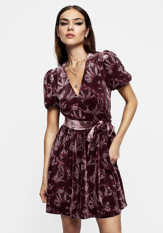 Deception Foil Print Velour Mini Wrap Dress