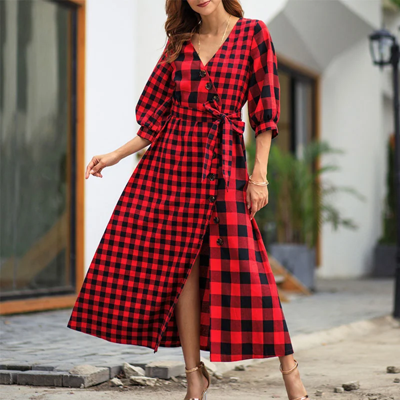 Deep V-neck Plaid Sashes A-line Long Dress Women Fashion Vintage 3/4 Sleeve Split Hem Dresses Ladies Elegant Party Dress Autumn Deep V-neck Plaid Sashes A-line Long Dress Women Fashion Vintage 3/4 Sleeve Split Hem Dresses Ladies Elegant Party Dress Autumn