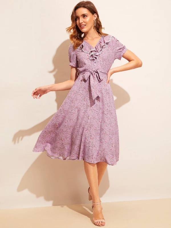 Ditsy Floral Ruffle Trim Belted Midi Dress