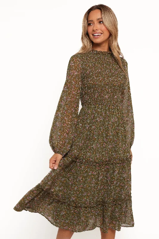 Edwina Shirred Frill Long Sleeve Midi Dress - Olive Floral