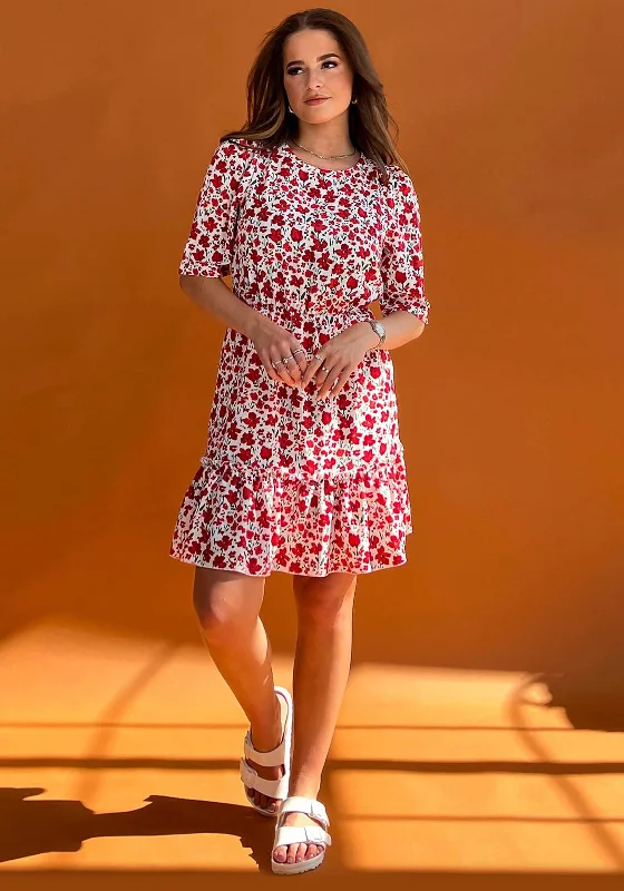 Girl In Mind Esther Red Floral Smock Mini Dress, Red