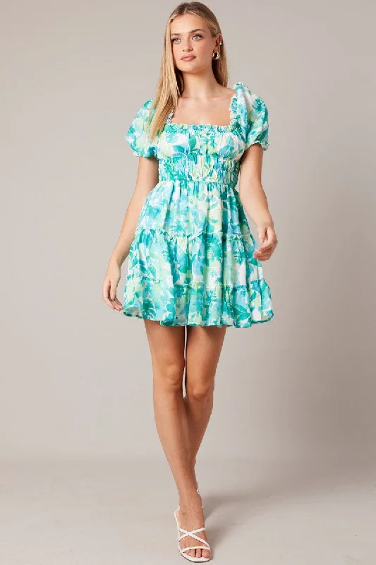 Green Floral Fit And Flare Dress Puff Sleeve