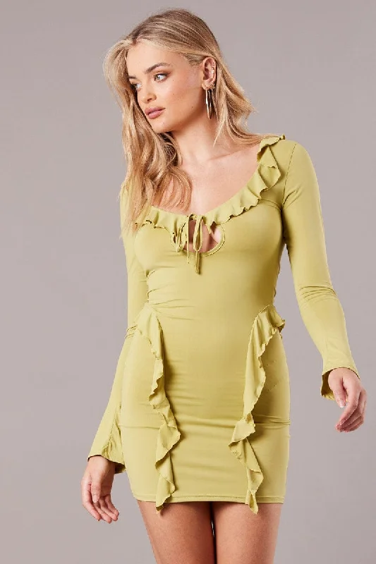 Green Ruffle Mini Dress Bell Cuff Bodycon Dress