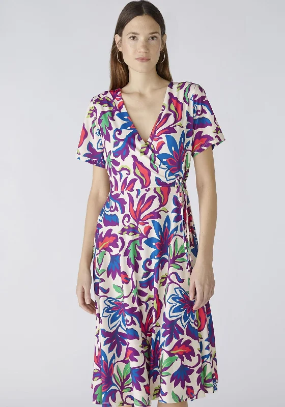 Oui Vibrant Floral Jersey Wrap Dress, White Violet