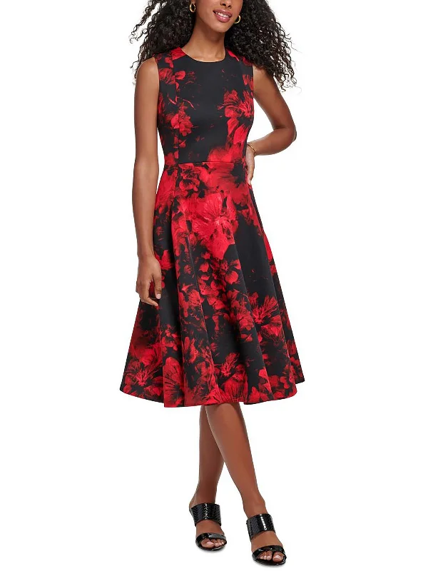 Petites Womens Panel Midi Fit & Flare Dress