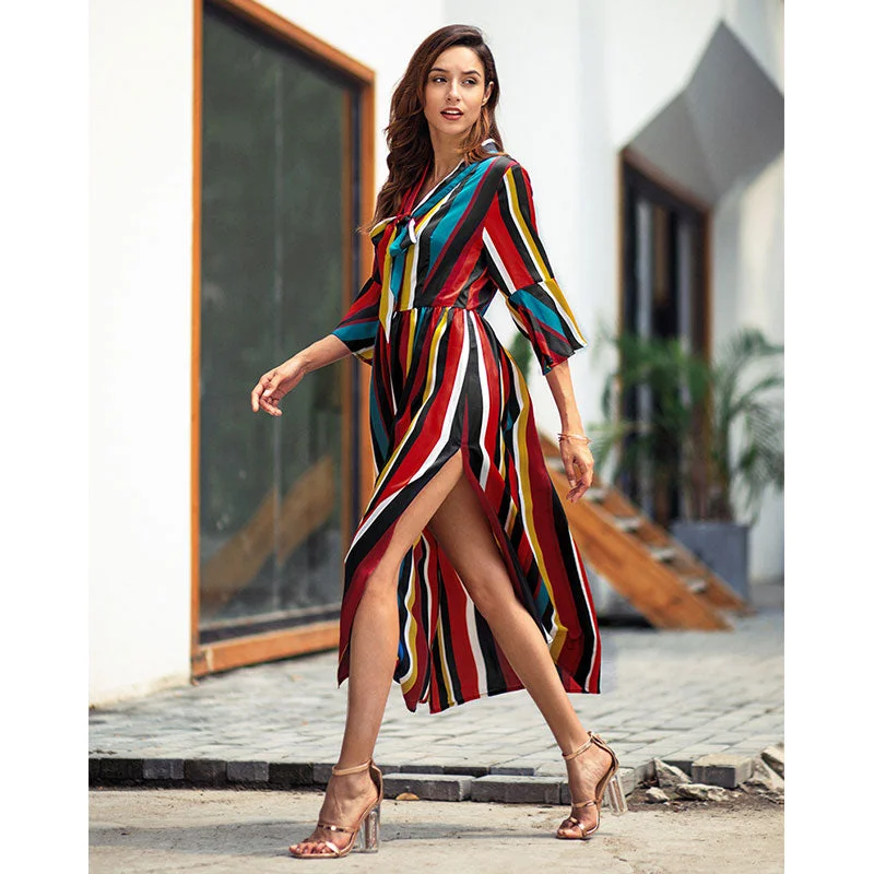 Rainbow Striped Bow Long Dress Women Fashion Split Hem Slim A-line Dresses Spring Autumn Ladies Elegant Party Dress High Quality Rainbow Striped Bow Long Dress Women Fashion Split Hem Slim A-line Dresses Spring Autumn Ladies Elegant Party Dress High Quality