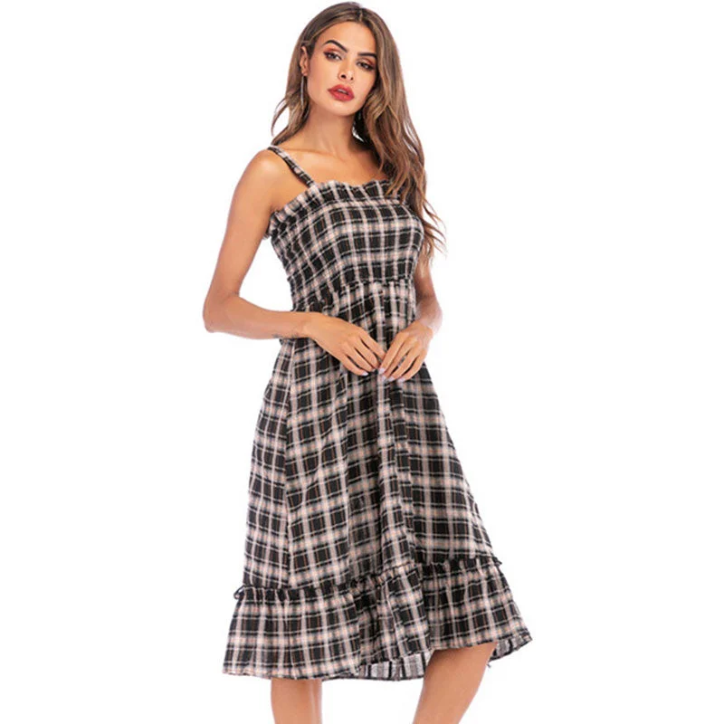 Sexy Plaid Ruffles Strap Dresses Women Casual Sleeveless A-line Summer Long Dress Ladies Fashion Elegant Party Dress Vestidos Sexy Plaid Ruffles Strap Dresses Women Casual Sleeveless A-line Summer Long Dress Ladies Fashion Elegant Party Dress Vestidos