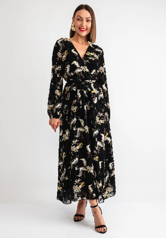 Serafina Collection Floral Embroidered Wrap Dress, Black