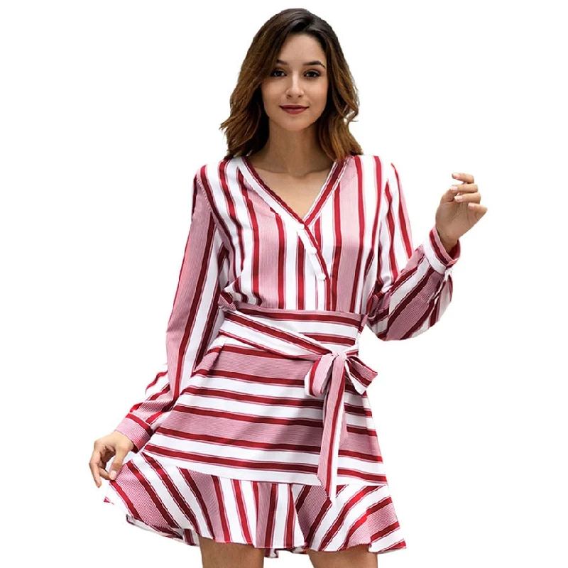 V-neck Lacing Striped Ruffles A-line Dresses Women Casual Long Sleeves Mini Dress Hight Quality Ladies Elegant Party Dress New V-neck Lacing Striped Ruffles A-line Dresses Women Casual Long Sleeves Mini Dress Hight Quality Ladies Elegant Party Dress New