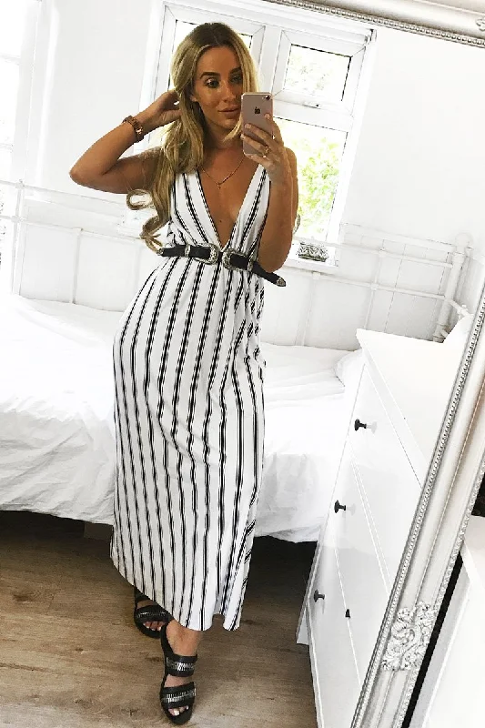 White Black Stripe Plunge Wrap Maxi - Skyelin