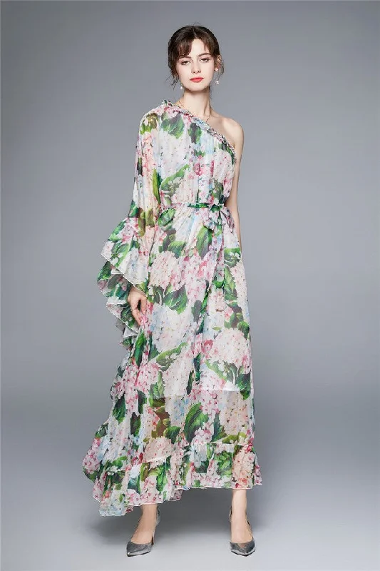 White & Green ?ocktail & Party A-line Asymmetric Neck Long Sleeve Ruffled Tea Dress White & Green ?ocktail & Party A-line Asymmetric Neck Long Sleeve Ruffled Tea Dress