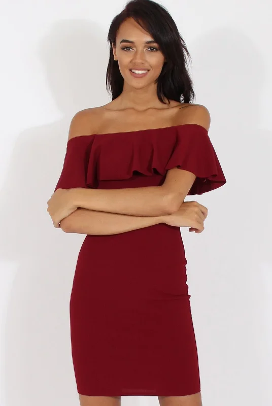 Wine Bardot Frill Midi Dress - Lily