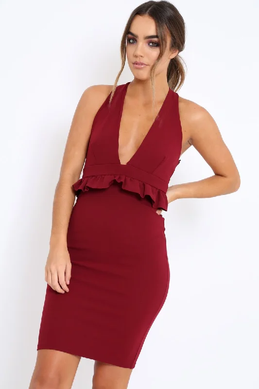 Wine Racer Back Frill Midi Dress - Camilla