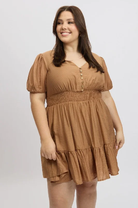 Brown Shirred Waist Button Mini Dress