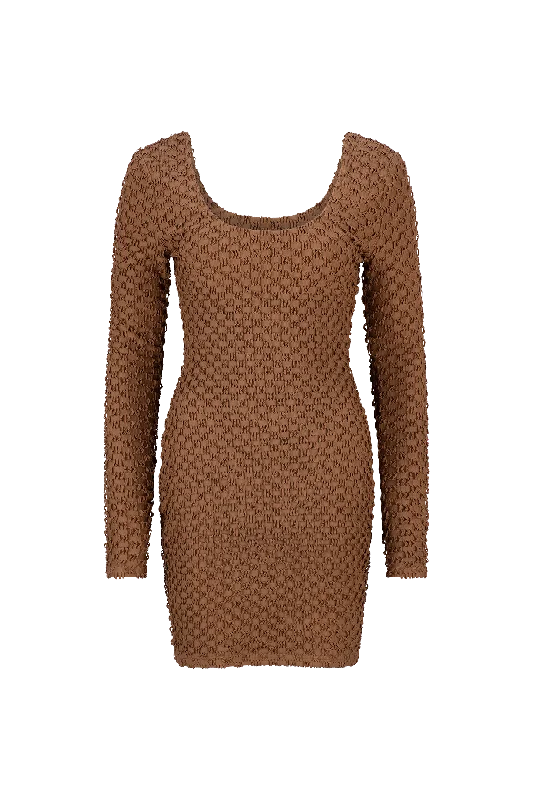 CURAAE Avery Long Sleeve Textured Fitted Scoop Mini Dress In Coco