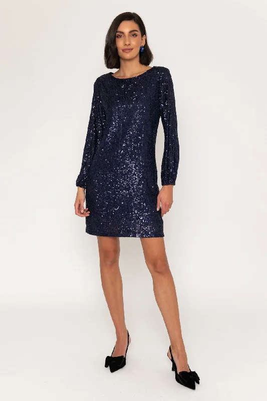 Long Sleeve Sequin Shift Mini Dress in Blue