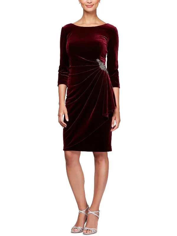 Petites Womens Velvet Pleated Cocktail and Party Dress