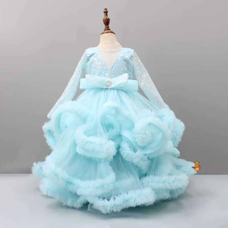 Pre Order: Sequins Embellished Blue Ruffle Layered Party Wear Gown