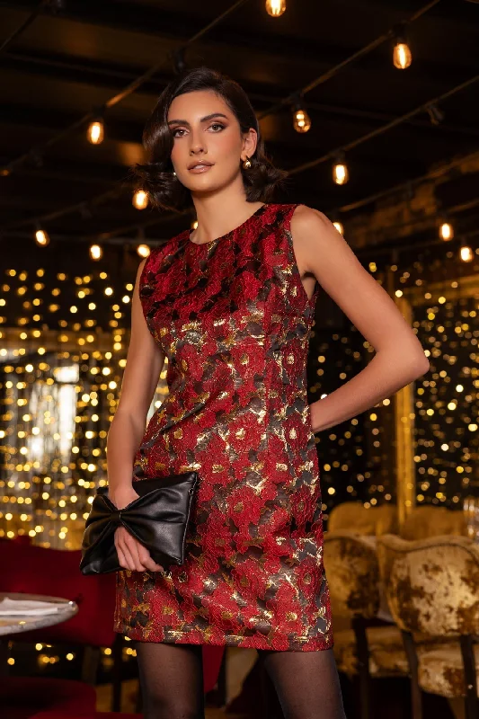Sleeveless Floral Jacquard Mini Dress in Red