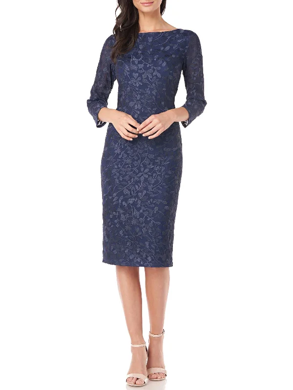 Womens Embroidered Three Quarter Sleeves Cocktail and Party Dress