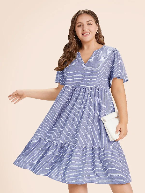 Striped Patchwork Notched Flutter Layered Babydoll Dress